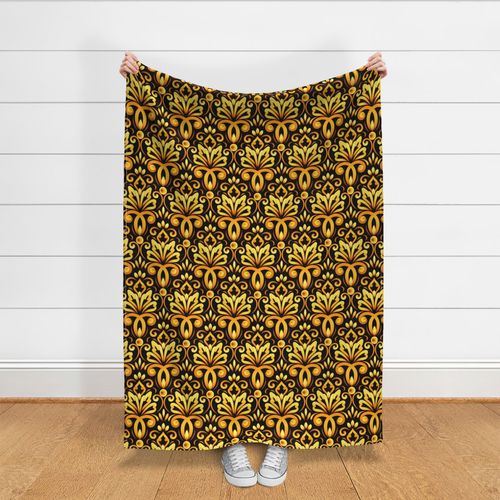 Ornamental Damask Victorian Floral Pattern - Autumn Mood - Bright Golden Yellow Orange Brown on Black - Bogemian Modern Soft  Royal Art Deco Antique Ornament - Botanical Petal Vintage Motive - Large