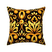 Ornamental Damask Victorian Floral Pattern - Autumn Mood - Bright Golden Yellow Orange Brown on Black - Bogemian Modern Soft  Royal Art Deco Antique Ornament - Botanical Petal Vintage Motive - Large