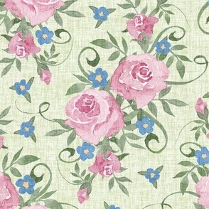 Pink Victorian Roses and Forget-Me-Nots on Light Sage Woven Texture