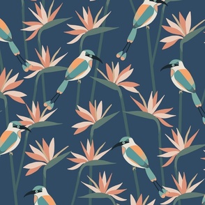 Motmot bird in tropical paradise strelitzia XL wallpaper scale in copper teal by Pippa Shaw