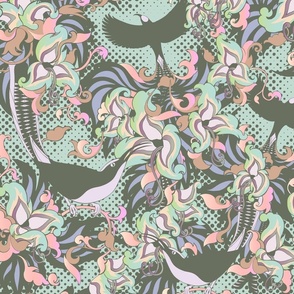 dreamy whimsical paradise birds - pastel greens