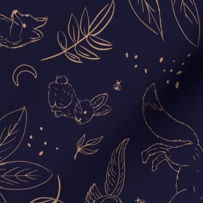 Woodland animals autumn garden deer foxes bunnies hedgehogs and owls freehand outline ochre golden on deep navy blue night LARGE