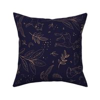 Woodland animals autumn garden deer foxes bunnies hedgehogs and owls freehand outline ochre golden on deep navy blue night LARGE