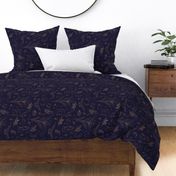 Woodland animals autumn garden deer foxes bunnies hedgehogs and owls freehand outline ochre golden on deep navy blue night LARGE