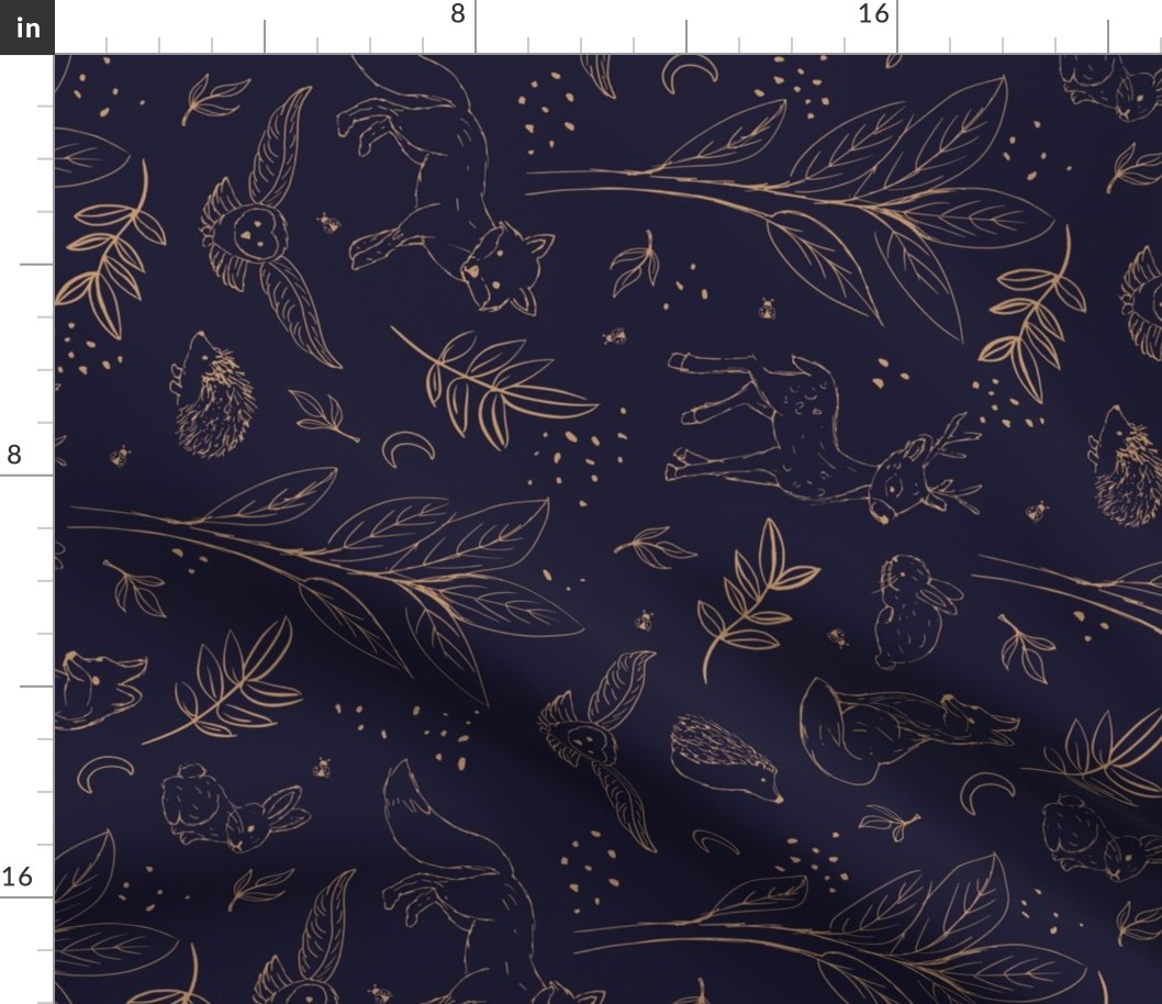 Woodland animals autumn garden deer foxes bunnies hedgehogs and owls freehand outline ochre golden on deep navy blue night LARGE