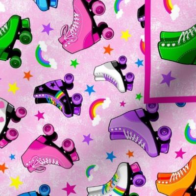 Large 27x18 Fat Quarter Panel Rollerskates Let's Roll Roller Rink Derby Skate Rainbows and Stars for Tea Towel or Wall Hanging