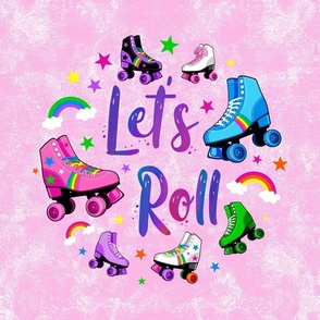 18x18 Panel Rollerskates Let's Roll Roller Rink Derby Skate Rainbows and Stars for DIY Throw Pillow or Cushion Cover