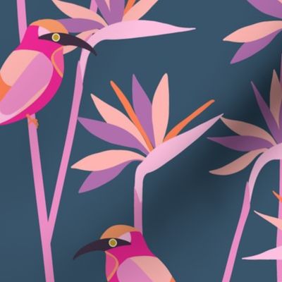 Motmot bird in tropical paradise strelitzia XL wallpaper scale in pink mauve dark blue by Pippa Shaw