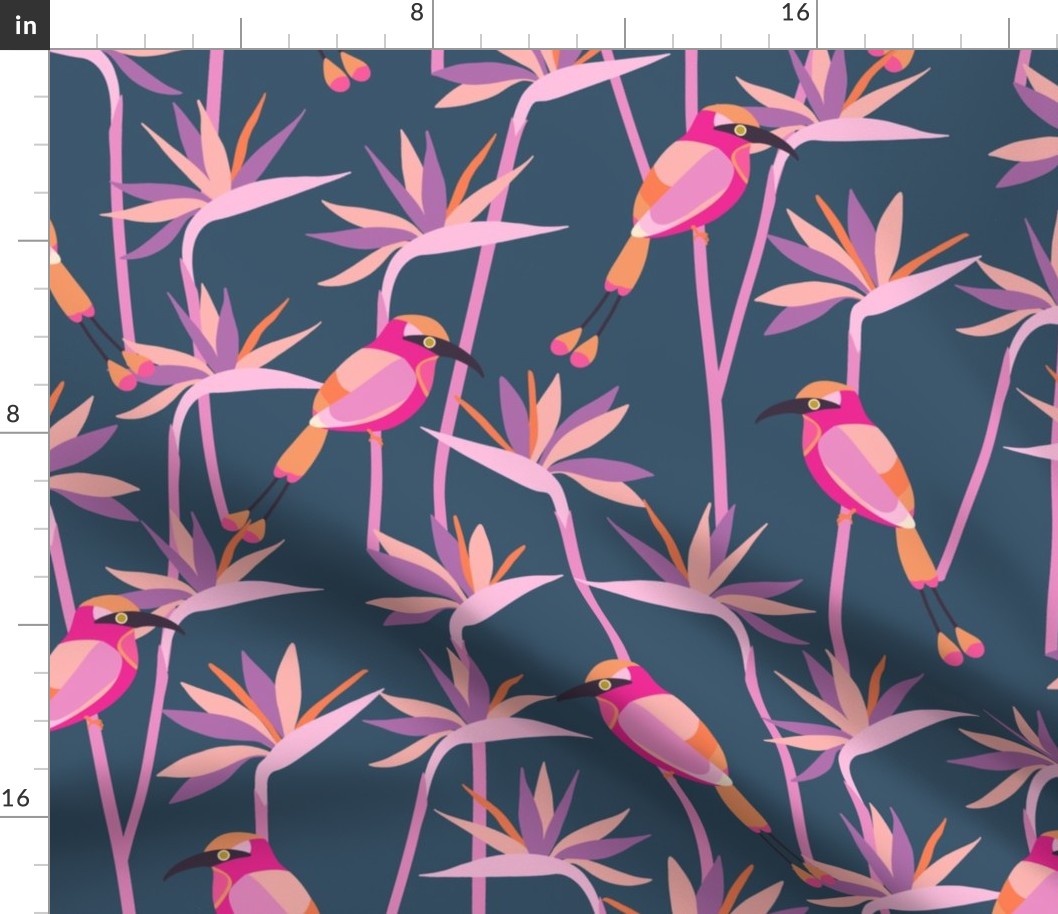 Motmot bird in tropical paradise strelitzia XL wallpaper scale in pink mauve dark blue by Pippa Shaw