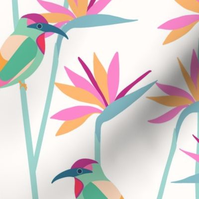 Motmot bird in tropical paradise strelitzia XL wallpaper scale in pink mint by Pippa Shaw