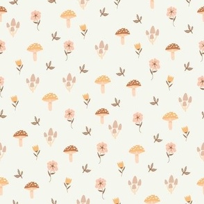 SMALL cottage core fabric - mushrooms, flowers, boho brown