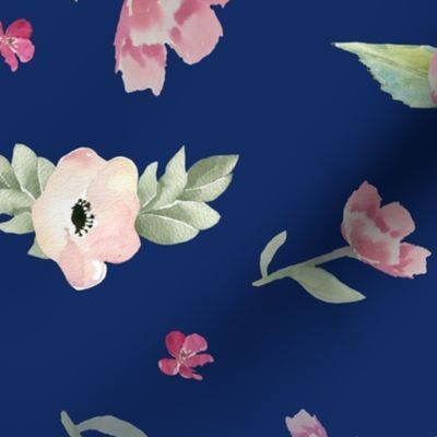 Pink Spring Watercolor Floral // Navy Blue 