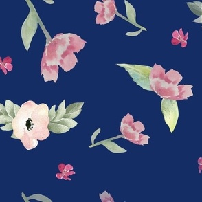 Pink Spring Watercolor Floral // Navy Blue 