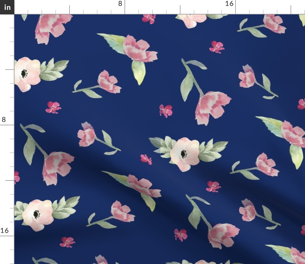 Pink Spring Watercolor Floral // Navy Blue 