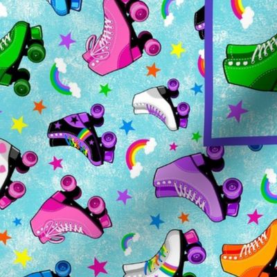  Large 27x18 Fat Quarter Panel Rollerskates Let's Roll Roller Rink Derby Skate Rainbows and Stars for Tea Towel or Wall Hanging