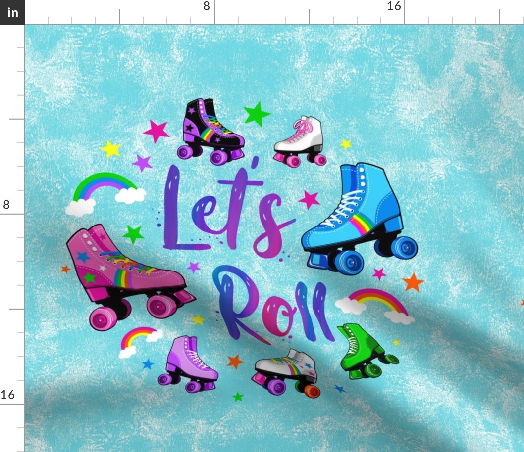 18x18 Panel Rollerskates Let's Roll Roller Rink Derby Skate Rainbows and Stars for DIY Throw Pillow or Cushion Cover
