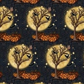 Spooky Fall Forest,  Full Moon Owls Pumpkins and Bats