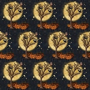 Spooky Fall Forest,  Full Moon Owls Pumpkins and Bats