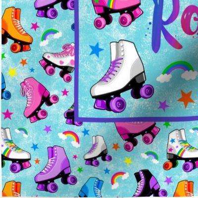  14x18 Panel Rollerskates Let's Roll Roller Rink Derby Skate Rainbows and Stars for DIY Garden Flag Towel or Small Wall Hanging 