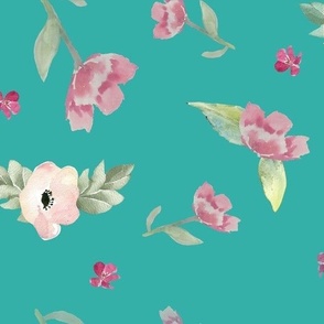 Pink Spring Watercolor Floral // Caribbean Blue 