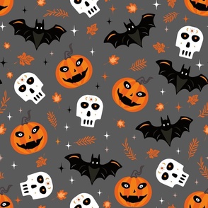 Spooky Halloween-Pumpkins Skulls Bats-Dark Grey