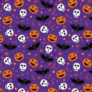 Spooky Halloween-Pumpkins Skulls Bats-Blue