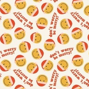 (small scale) don't worry be merry - Happy Face Smile Santa - red/pink on cream - LAD22