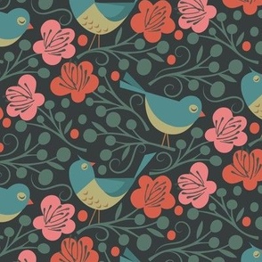 Birds in the thicket, blue pink red