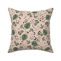 Jungle leaves and cheetah spots tropical monstera branches and botanical plants natural earthy boho theme nursery freehand green on beige 