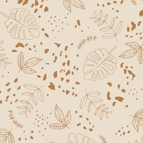Jungle leaves and cheetah spots tropical monstera branches and botanical plants natural earthy boho theme nursery freehand rust caramel on cream