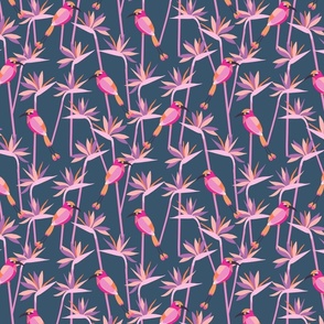 Motmot bird in tropical paradise strelitzia large wallpaper scale in pink mauve dark blue by Pippa Shaw
