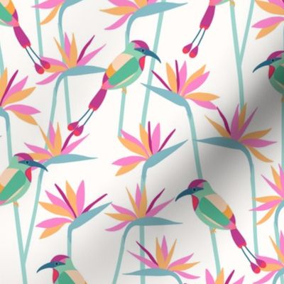 Motmot bird in tropical paradise strelitzia large wallpaper scale in pink mint by Pippa Shaw