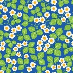 Strawberry Flowers - Small Scale - Retro Vintage Inspired seventies 80s 70s eighties Floral Azure Blue