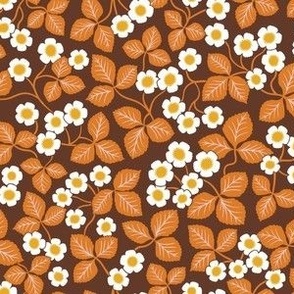 70s Brown Orange Strawberry Flowers - Small Scale - Retro Vintage Inspired seventies Floral