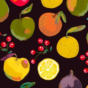Painted apples, oranges, pears, figs, lemons, clementines and red berries on a black background - large
