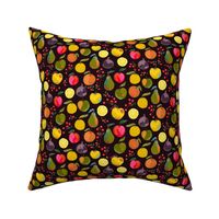 Painted apples, oranges, pears, figs, lemons, clementines and red berries on a black background - small