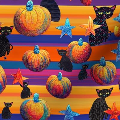 colorful pumpkins and cats  on horizontal stripes