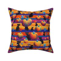 colorful pumpkins and cats  on horizontal stripes