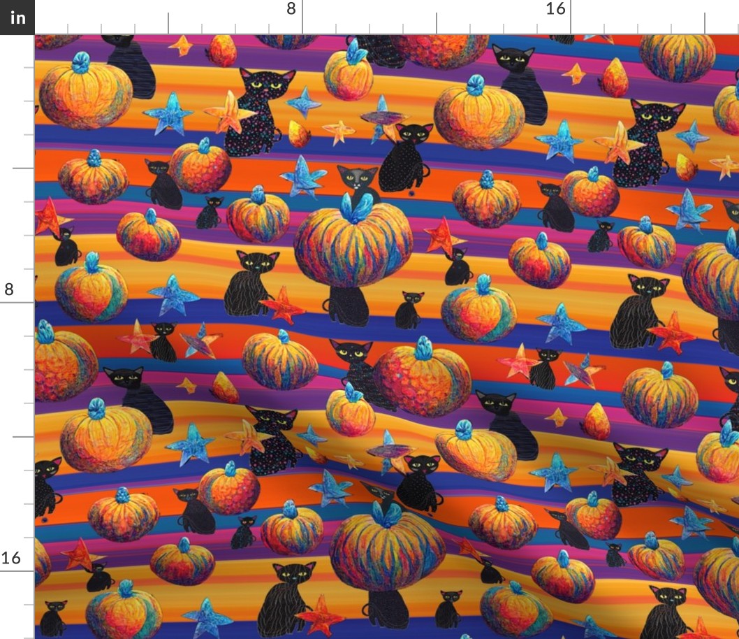 colorful pumpkins and cats  on horizontal stripes