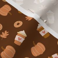 Tiny Pumpkin Spice Latte Coffee and Donuts Seasonal Fall Vibes on dark brown