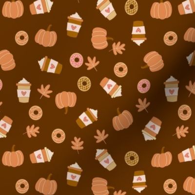 Tiny Pumpkin Spice Latte Coffee and Donuts Seasonal Fall Vibes on dark brown