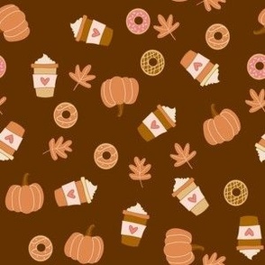 Tiny Pumpkin Spice Latte Coffee and Donuts Seasonal Fall Vibes on dark brown