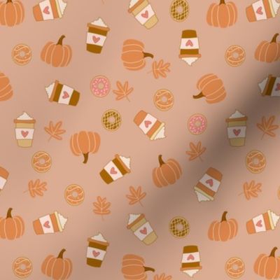 Tiny Pumpkin Spice Latte Coffee and Donuts Seasonal Fall Vibes on brown