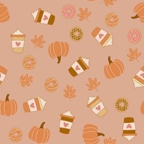 Tiny Pumpkin Spice Latte Coffee and Donuts Seasonal Fall Vibes on brown