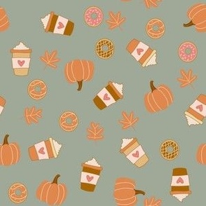 Tiny Pumpkin Spice Latte Coffee and Donuts Seasonal Fall Vibes on sage green