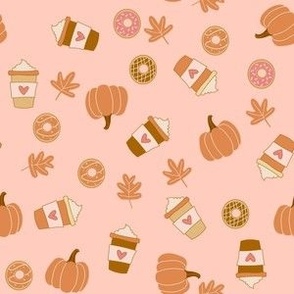 Tiny Pumpkin Spice Latte Coffee and Donuts Seasonal Fall Vibes on pink