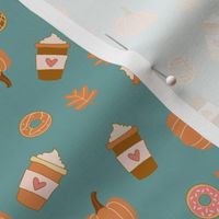 Tiny Pumpkin Spice Latte Coffee and Donuts Seasonal Fall Vibes on teal