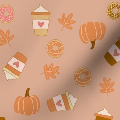 Small Pumpkin Spice Latte Coffee and Donuts Seasonal Fall Vibes on brown