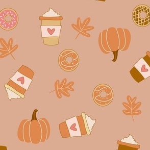 Small Pumpkin Spice Latte Coffee and Donuts Seasonal Fall Vibes on brown