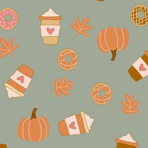 Small Pumpkin Spice Latte Coffee and Donuts Seasonal Fall Vibes on sage green